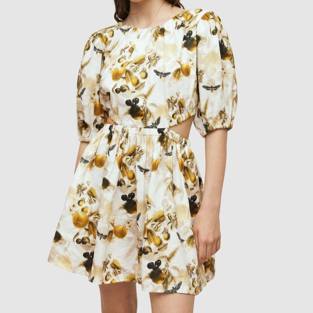 AllSaints Colette Soleil Linen Cutout Dress 8 Muted Fruit Bug Print White Yellow